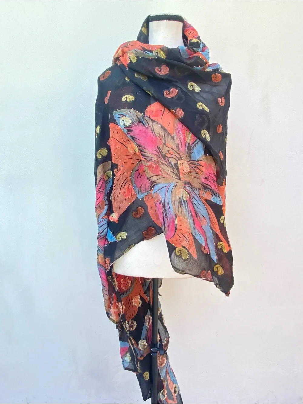Whimsy 100% Silk Black Multicolor Floral Paisley Embroidered Rhinestone Shawl